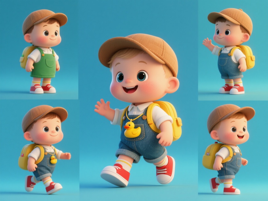 一系列6张1岁左右的3D卡通男婴图片，造型和角度完全不同，仍然保留了棕色帽子、白色衬衫、苔绿色牛仔围兜、黄色背包、黄色小鸭子挂件、红色鞋子和白色袜子等可爱风格的核心元素，整体配色统一为鲜艳的蓝黄色调，预览效果