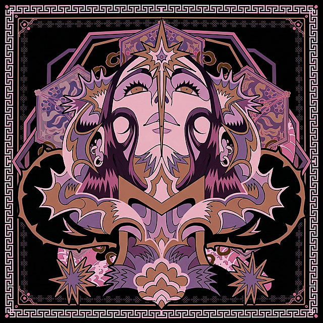 生成适合印制在衣服上的印花图案，具有强烈视觉冲击力，图案主体参考第一张图的神秘人像插画内容，色彩风格参考第二张图的粉紫色、低饱和复古色调，整体构图参考第二张图的对称式、几何纹样搭配的构图形式，适合作为服装印花使用