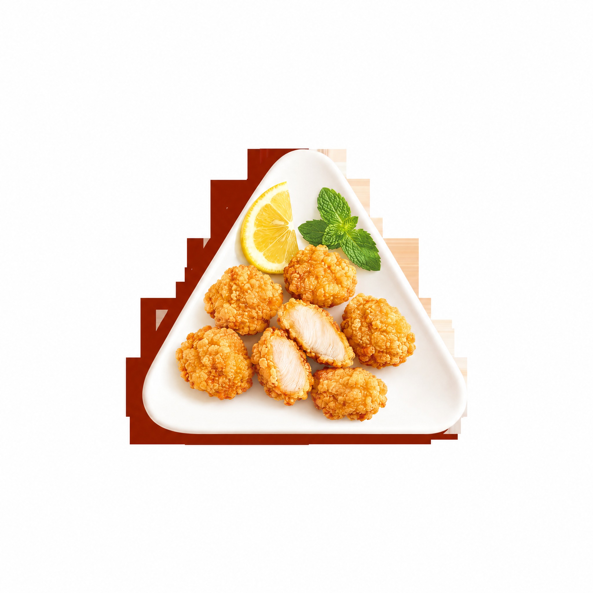 重新排列三角形白盘子里的盐酥鸡布局，保持盐酥鸡、柠檬片、薄荷叶… - 图片创意预览