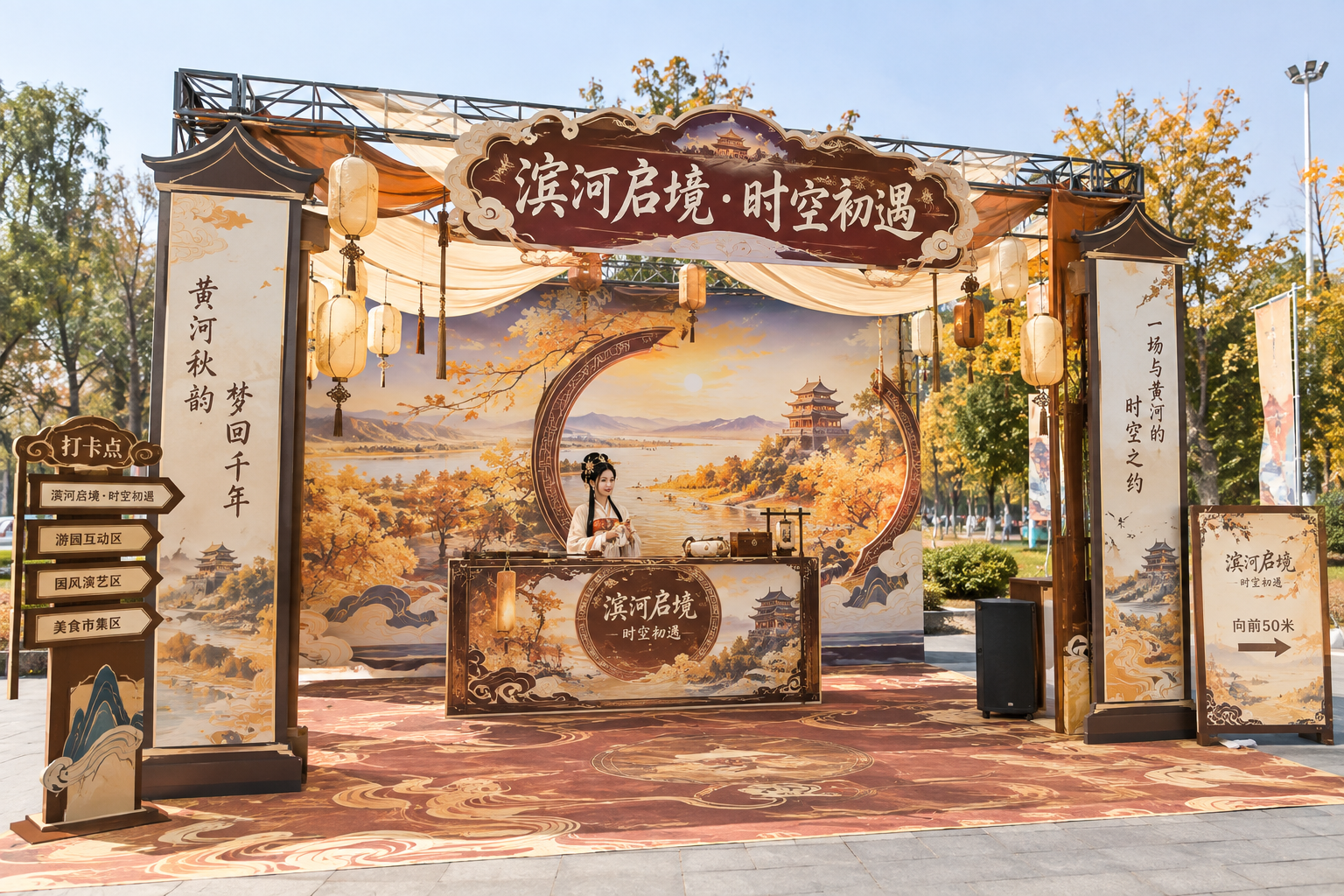 第一站滨河启境打卡点美陈效果图，古风沉浸式游园会风格，桁架搭建… - 图片创意预览