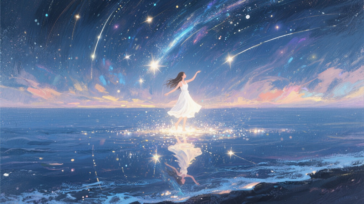 夜晚，一片一望无际的镜面海洋，海面平静如镜，倒映着天空的星轨，海面上有一个跳舞的白裙长发纤细女生，天空是绚烂的星轨天空，星光璀璨，光感氛围强烈，梦幻发光，厚涂插画风格，色彩鲜艳，光影对比强烈预览效果