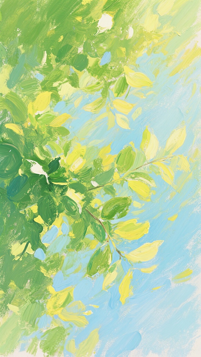 抽象印象派风格油画，以夏日为背景，画面充满动感的绿色、淡黄色与淡蓝色的交融笔触，厚重而富有层次感的颜料涂抹，明亮的自然光透过叶片形成斑驳光影，营造出清新、生机勃勃的夏日氛围，色彩以翠绿、柠檬黄、天空蓝为主调，笔触自由奔放，整体色调明快透亮，传达出夏日的活力与清爽感。