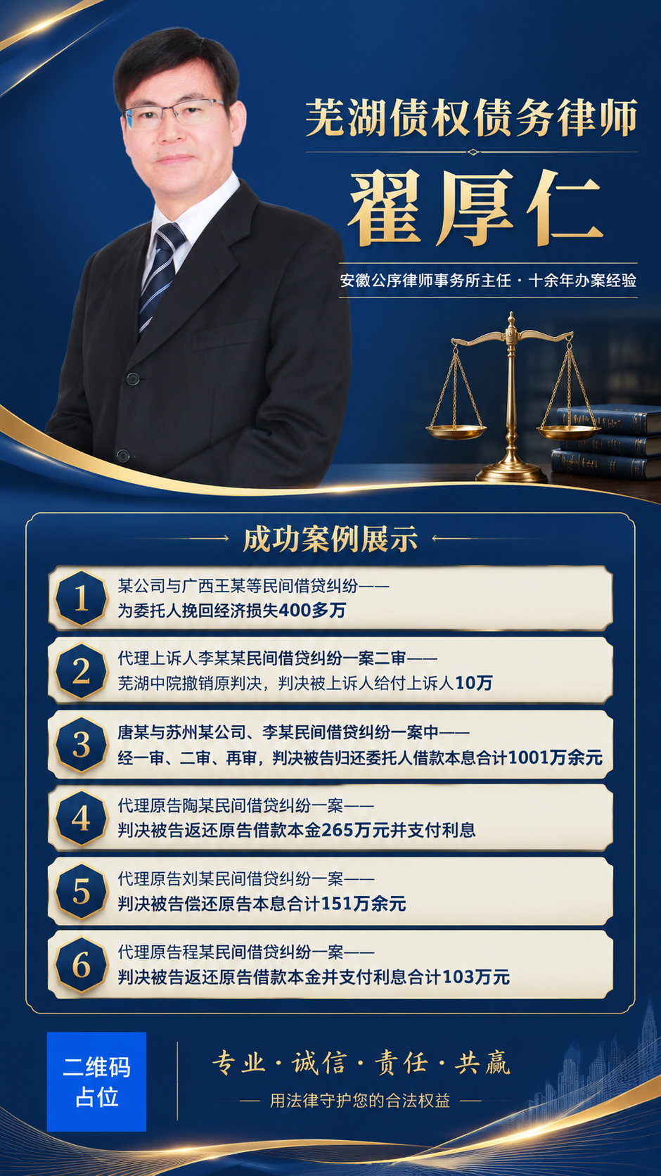 一张专业律师形象海报，竖版9:16，深蓝金配色，商务专业风格，… - 图片创意预览