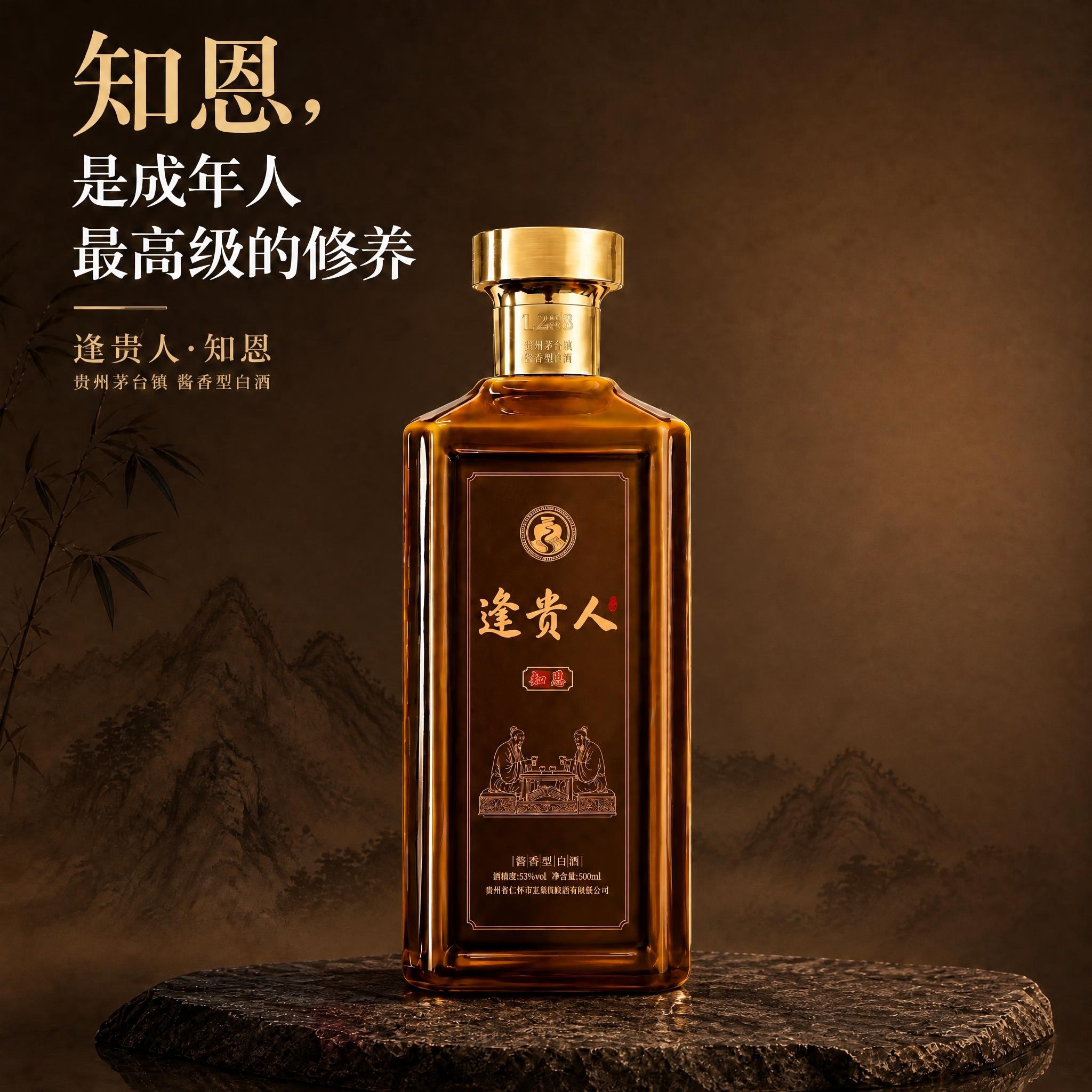 移除画面中的包装盒，只保留单瓶逢贵人知恩白酒。酒瓶居中放大，占… - 图片创意预览