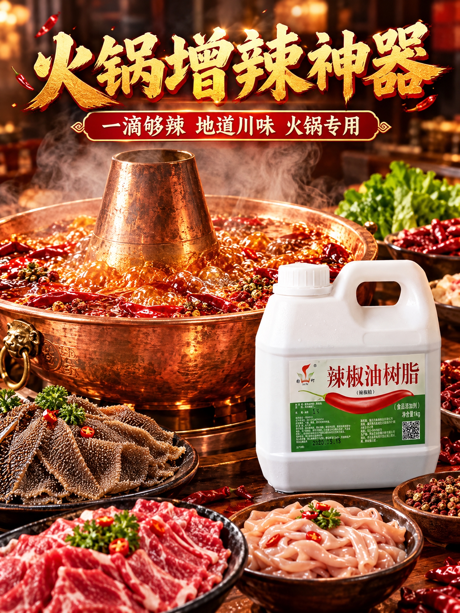 餐饮商用风格电商主图，红油火锅沸腾场景，铜制火锅中红汤翻滚冒着… - 图片创意预览