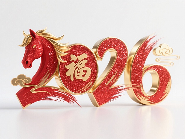 3D国潮风设计，红金配色尽显喜庆与鎏金质感，马首造型融合“2026”数字，点缀祥云与粒子笔触，重拟物手法呈现中式年味。