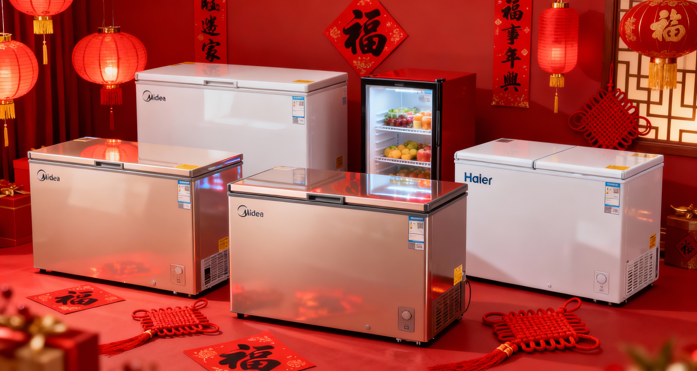卧式家用商用冷柜海报，logo为美的，海尔，需要多点产品，产品… - 图片创意预览