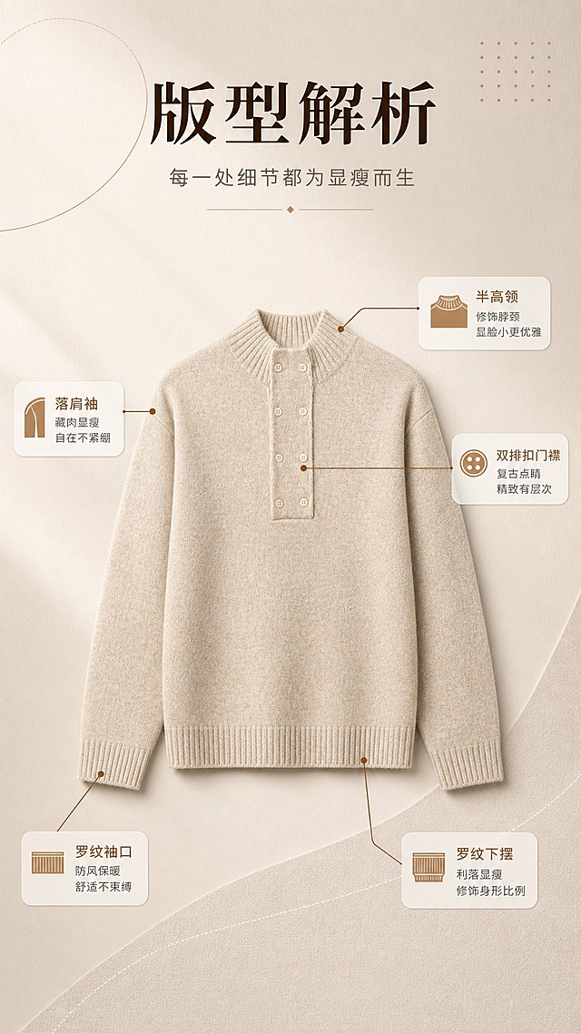 [商品] 使用【图1】燕麦色半高领双排扣针织毛衣；商品处理：保留半高领、双排扣门襟、落肩袖、罗纹收口、燕麦花纱颜色和针织面料；自然去除衣身、领口、袖子和下摆的杂乱褶皱与压痕，理顺垂坠，增强针织纹理、缝线和纽扣质感，不改变版型和结构。
[画面] 目标为版型解析页，主视觉展示毛衣正面全貌，用引线标注关键结构部位：半高领、双排扣门襟、落肩袖、罗纹袖口、罗纹下摆，背景为浅暖灰渐变，搭配简约几何线条装饰，信息清晰易读。
[视觉] 套系策略：风格=韩系温柔通勤高级商业摄影；标题字=现代衬线粗体；正文字=简洁无衬线体；主色=燕麦奶茶色；背景延展=基于燕麦奶茶色做深浅层级、同色渐变和细腻织物/纸张质感；强调色=焦糖棕，仅用于小面积图标、引线和标签；标题色=深咖棕；正文色=中暖灰；组件=圆角浅底信息卡、细线引线；光影=左前侧暖柔光。
[文字] 顶部主标题「版型解析」，副标题「每一处细节都为显瘦而生」，5处引线标注对应卖点：半高领修饰脖颈、双排扣复古点睛、落肩藏肉显瘦、罗纹袖口防风、罗纹下摆利落，文字横向排版。
[规格] 图片比例9:16竖版，2K分辨率，避免变形、错字、文字过小、冷蓝/蓝灰背景、衣服颜色改变、版型失真。