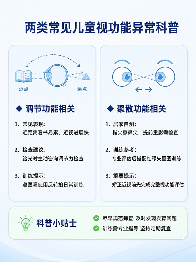 [科普配图] 儿童双眼视功能异常科普讲解配图，整体简洁清晰专业医疗科普风。
[构图版式] 左右分栏排版，左侧为调节功能科普模块，右侧为聚散功能科普模块，两个模块大小均等，间距适中，顶部留出主标题区域，底部留白透气，整体干净不拥挤。
[画面主体] 背景为纯净浅蓝渐变白色，整体干净清爽。顶部居中放置小标题：「两类常见儿童视功能异常科普」，深蓝色粗体字。
[左侧调节模块] 浅蓝色圆角卡片包裹，卡片内：顶部深蓝色标题「🔹 调节功能相关」，下方分三点左对齐排列文字：
1. 常见表现：近距离看书易累、近视进展快
2. 检查建议：验光时主动咨询调节力检查
3. 训练提示：遵医嘱使用反转拍日常训练
文字黑色清晰，行间距宽松。卡片左上角放置一个眼睛调节的简约示意图：一条虚线标注远近焦点切换，浅蓝色线条。
[右侧聚散模块] 浅蓝色圆角卡片包裹，卡片内：顶部深蓝色标题「🔹 聚散功能相关」，下方分三点左对齐排列文字：
1. 居家自测：指尖移鼻尖，提前重影需检查
2. 训练参考：专业评估后搭配红绿矢量图训练
3. 重要提示：矫正近视前先完成完整视功能评估
文字黑色清晰，行间距宽松。卡片左上角放置一个双眼聚散的简约示意图：两个眼球向内集合的简笔画，浅蓝色线条。
[底部小贴士] 两个模块下方放置浅绿色圆角卡片，标题深蓝色「💡 科普小贴士」，分两点排列：
✅ 尽早规范筛查 及时发现发育问题
✅ 训练需专业指导 坚持定期复查
[光影质感] 整体光线均匀明亮，无强烈阴影，卡片之间层次清晰，文字清晰可辨，画质高清干净，专业医疗科普风格。
[配色] 主色调浅蓝+白色，文字深蓝色，辅助色浅绿色，清新专业适合科普。
[比例分辨率] 3:4比例，2k分辨率，文字清晰可辨，超高清。
[负向提示词] 变形，文字错乱，模糊，背景杂乱，水印，错字，遮挡，颜色失真