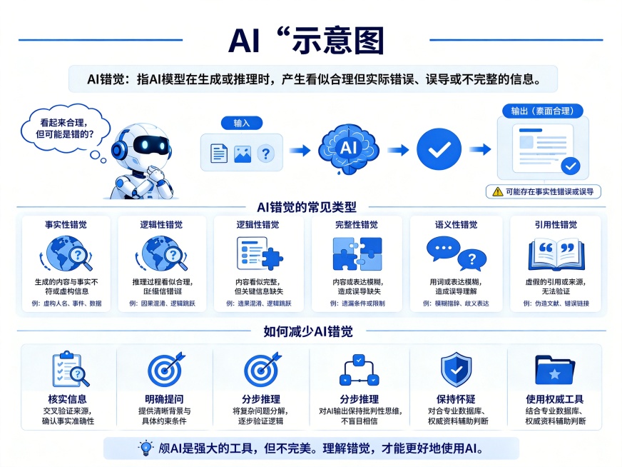 根据原图内容和蓝白色调风格，生成一张全新的AI错觉示意图，包含AI错觉定义、常见类型和减少方法的模块布局，保持信息图表清晰专业，整体蓝白配色科技简约风，文字信息完整保留预览效果