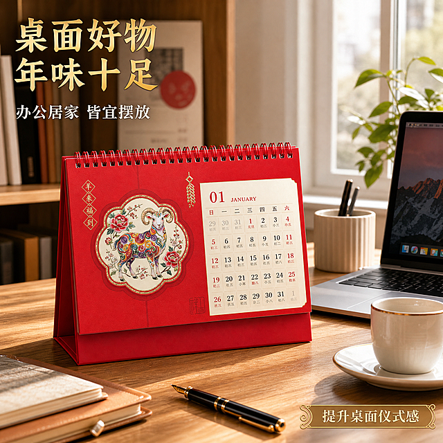[主图-4] 台历使用场景展示图，展示台历在办公桌、书房、客厅等多场景的摆放效果，突出实用性与装饰性。
[统一基调] 国潮喜庆风格，中国红为主色调，金色烫金为强调色，标题字体为大气书法宋体，金色描边，辅助文字为白色宋体，整体高端精致有质感。
[画面] 画面采用真实办公桌面场景，一张木质办公桌上摆放着一款羊来福到羊年款红色台历，台历位于画面中央偏左位置，旁边有笔记本电脑、钢笔、水杯等办公用品，台历翻开状态，能看到内页日期。背景是明亮的办公室环境，窗外有自然光。台历红色封面与办公环境形成鲜明对比，既实用又有装饰性。整体氛围温馨且有年味。
[光影质感] 自然光摄影质感，柔和的窗边自然光从右侧照入，台历表面有自然光影，桌面有柔和阴影，整体光线明亮通透，生活感强。
[配色] 场景主色调为暖木色+白色，台历中国红+金色成为视觉焦点，文字色金色+白色，整体温暖喜庆。
[文字版式] 左上角金色大标题"桌面好物 年味十足"，下方白色小字"办公居家 皆宜摆放"。右下角金色小标签"提升桌面仪式感"。文字放在画面负空间，不遮挡台历主体。
[输出要求] 比例1:1，文字清晰可读，台历产品清晰完整，场景自然真实，无变形，无错字，无模糊，无杂乱元素，无水印，无平台Logo。