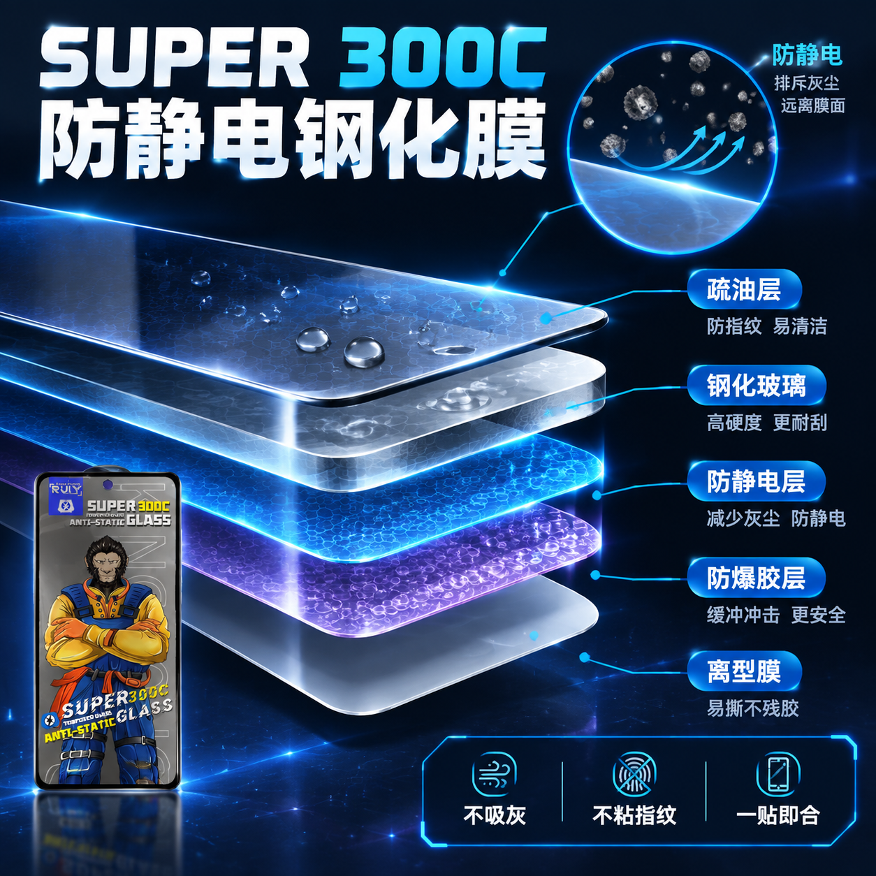 [主图-3] 防静电与材质结构证据图，展示钢化膜的多层结构与防… - 图片创意预览
