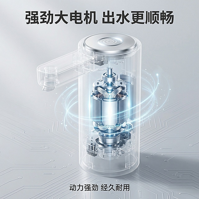 垫图为用户上传的白色桶装水抽水机，主图主题：强劲大电机细节展示，氛围风格：科技质感，光影通透，突出品质感，画面元素：抽水器机身做半透明透视效果，清晰展示内部的大电机结构，电机部分用高光突出，周围有微弱的动力流动特效，背景为浅灰色渐变背景，带有细微的科技纹理，产品外观其余部分与原图完全一致，主体占比65%，背景铺满全屏无边框。配色色系：主色调白色+金属银灰色（电机），辅助色浅蓝科技光，整体简约高级。视角构图：微俯视角度，聚焦电机部分，景深适中。文字版式：顶部主标题“强劲大电机 出水更顺畅”，无衬线粗体深灰色；底部文字“动力强劲 经久耐用”，白色无衬线字体，文字不遮挡电机细节，布局简洁。比例分辨率：1:1比例，2k分辨率
