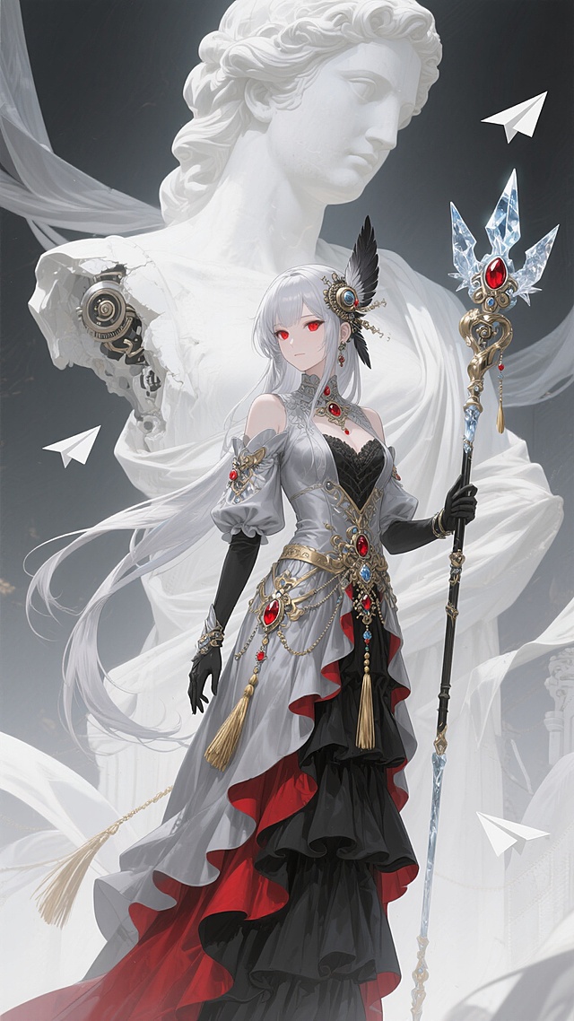 一个身着华丽服饰的女性角色，银发赤瞳，发间有羽毛和机械装饰，长辫垂落。她穿着银灰与红色相间的层叠长裙，裙摆有黑色褶皱，腰间系着金色流苏和复杂配饰，手持一把带有冰晶与红色宝石装饰的长杖。背景是巨大的白色雕像残部，有飘动的布料和飞舞的纸飞机，整体呈现出一种融合了奇幻、机械与古典元素的精致插画风格，色调以灰白为基底，点缀红金，光影柔和，营造出神秘而庄重的氛围。
