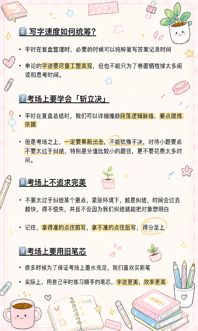 小红书笔记内页，马卡龙手账涂鸦风格，复刻参考图【图7】的色调体系与装饰语言（相似度约70%），版式精美，小红书笔记质感。画面比例3:5，竖版。基于用户【图3】原图进行重绘风格转换，保留原图所有文字内容且逐字清晰可读，不得遮挡、删减或改写文字。保留所有小标题、序号与正文内容，重点关键词保留黄色高亮与手绘圈注。背景为浅米色笔记纸+浅粉格纹浅边框，四周加浅背景边框与角落装饰。画面空白处密集但有序地添加文具、咖啡杯、星星、书本、胶带、回形针、小盆栽等马卡龙色系手绘小涂鸦装饰，涂鸦分布均匀但不杂乱，不遮挡任何文字。整体风格与参考图【图7】保持一致，温柔马卡龙配色，手绘涂鸦质感，信息层级清晰，文字完整处于安全区内不可裁切。图生图：【图3】= 待重绘的内容原图（保留全部文字），【图7】= 风格参考图（马卡龙手账涂鸦风格）。