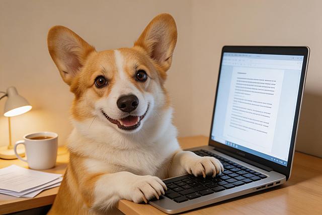 一只可爱的柯基犬面向镜头，举起双爪轻轻敲打桌面上的键盘，办公桌上摆放着亮着屏幕的电脑，生动有趣的日常办公场景，温馨清晰写实风格