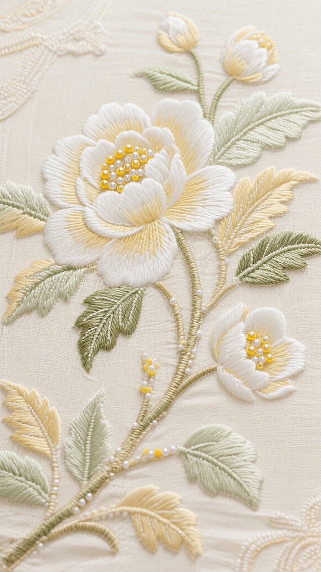 浅米色底布上，以白色、淡黄色、淡绿色丝线绣制的大型花朵及枝叶图案，花朵中心有黄色珠绣点缀，整体呈现细腻精致的刺绣质感，绣线纹路清晰可见，花朵层次分明，枝叶舒展自然，背景布纹理柔和，整体风格典雅清新，融合了多种不同的刺绣纹路，包括花瓣的渐变填充绣、花蕊的珠绣、叶片的轮廓绣和叶脉绣，形成丰富而和谐的刺绣背景。