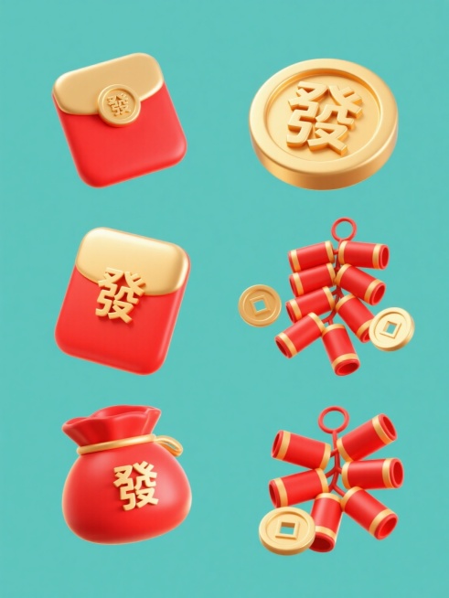 6个系列素材集合，每个素材均包含红色红包、金色“發”字印章、金色铜钱、红色爆竹元素，造型与角度完全不同，规整排布，整体采用红金渐变3D质感，明亮高光，柔和阴影，纯色背景，双11电商促销风格，视觉层级清晰，突出节日喜庆与促销氛围，信息传达高效，符合电商平台推广需求预览效果