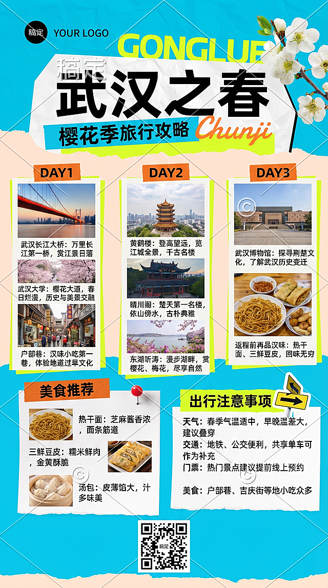 保留原扬州旅行攻略模板的整体拼贴设计风格、清新撞色背景和排版结构，将所有扬州景点替换为用户提供的武汉景点：武汉大学樱花园、武汉长江大桥、晴川阁，补充武汉其他对应景点填充空位，修改所有景点名称和介绍文字为武汉相关内容，保证图文对应，字体协调，画面和谐，保留原模板的色彩美感和底部二维码