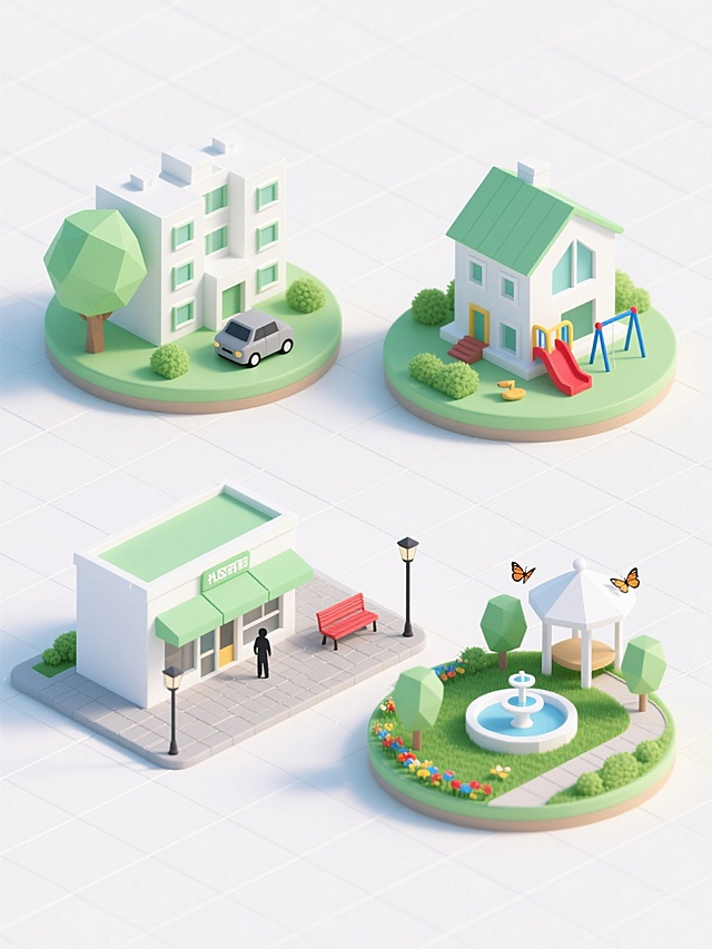一套4个完全不同造型的社区元素3D插画系列素材集合，保持低多边形立体风格，采用纯净白色背景，每个元素均有规整的圆形绿色底座，整体布局呈网格状规整排布。第一个元素为包含多栋白色与浅绿色相间的多层公寓楼、圆形树冠的绿色树木及一辆灰色小汽车的微缩社区场景；第二个元素是社区活动中心造型，主体为白色多边形建筑，搭配绿色屋顶、红色儿童滑梯和蓝色秋千等游乐设施，周围环绕低矮灌木；第三个元素呈现社区商业街，包含带绿色遮阳棚的白色商铺建筑、红色长椅、路灯及行人剪影，地面有灰色人行道纹理；第四个元素为社区公园场景，中心是圆形喷泉，周围分布绿色草坪、彩色花坛、白色凉亭和散步小径，点缀蝴蝶与飞鸟装饰元素。所有元素均保持统一的柔和光影效果，物体边缘有轻微高光，整体色调以白色、浅绿色为主，搭配少量点缀色，营造清新明快的社区氛围。