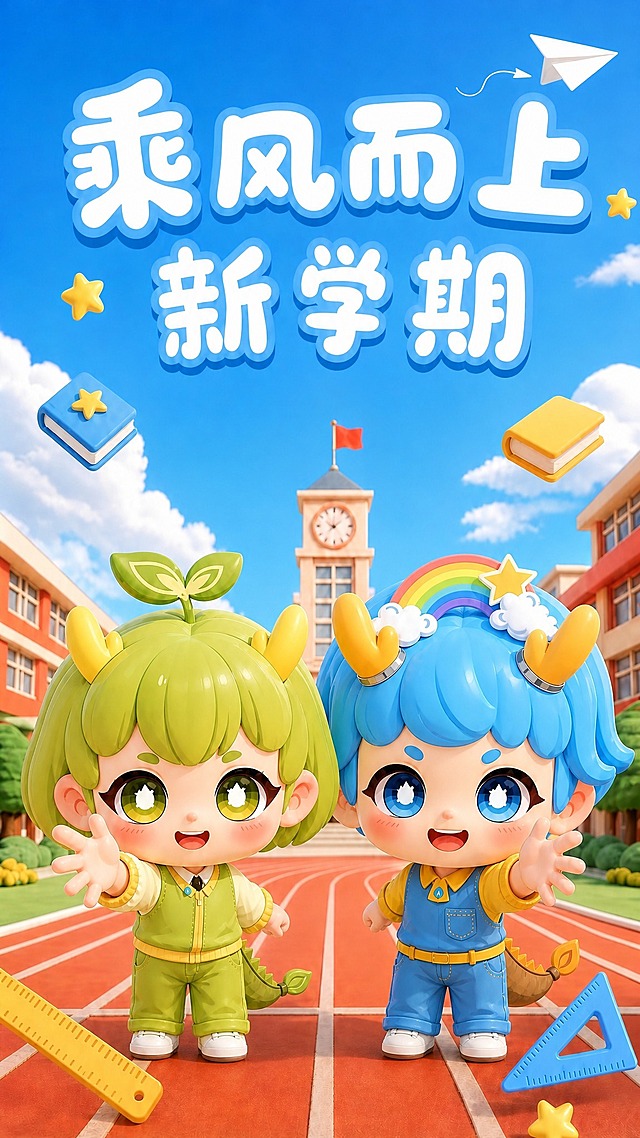 修改图1中两个IP人物的比例，严格按照图2安安和图3然然的头身比例：头大身子小，头和身体各占一半（55分比例，头身比约2:1，头部非常大，身体短小）。

IP形象所有特征必须100%保留参考图2和图3的原样，不能有任何改变：
- 安安（图2）：绿色齐刘海短发、头顶两片嫩芽、黄色渐变龙角（左右各两只一大一小）、橄榄绿运动套装黄边、白衬衫黑领带、胸口蓝色水滴徽章、袖口黄色蕾丝边、绿色龙尾巴带背鳍和叶子尾端、大眼睛黄绿色瞳孔火焰高光、红腮红、微笑。
- 然然（图3）：蓝色短发、头顶彩虹+黄星+白云、黄色龙角带银环、额头两个蓝眉毛、黄衬衫+蓝背带裤+黄腰带、胸口口袋和蓝色水滴徽章、棕色龙尾巴、大眼睛蓝色瞳孔水滴高光、红腮红、张嘴笑。

场景保持不变：校园跑道、教学楼钟楼、“乘风而上 新学期”大字、书本尺子三角板星星装饰、3D卡通风格。只调整人物头身比例为头大身子小55分，其他不变。
