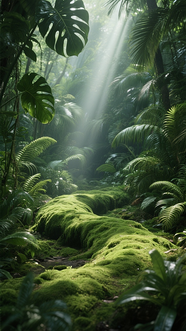 超写实风格的热带雨林场景，画面中央是覆盖着厚厚苔藓的绿色地面，呈现出自然起伏的柔和曲线，周围环绕着茂密多样的热带植物，包括宽大的龟背竹叶、细长的蕨类植物、舒展的棕榈叶以及各种形态的绿植，植物叶片纹理清晰可见，展现出极高的细节质感。整体色调以深浅不一的绿色为主，营造出浓郁的自然生机感。光线从画面上方斜射下来，形成明显的光束效果，阳光穿透茂密的枝叶，在植物和地面上投下斑驳的光影，增强了画面的层次感和空间深度。光线强度适中，既保留了阴影的细节，又让高光区域显得明亮而不刺眼，整体氛围宁静而充满活力，仿佛清晨时分的热带雨林，空气清新湿润，充满自然的气息。