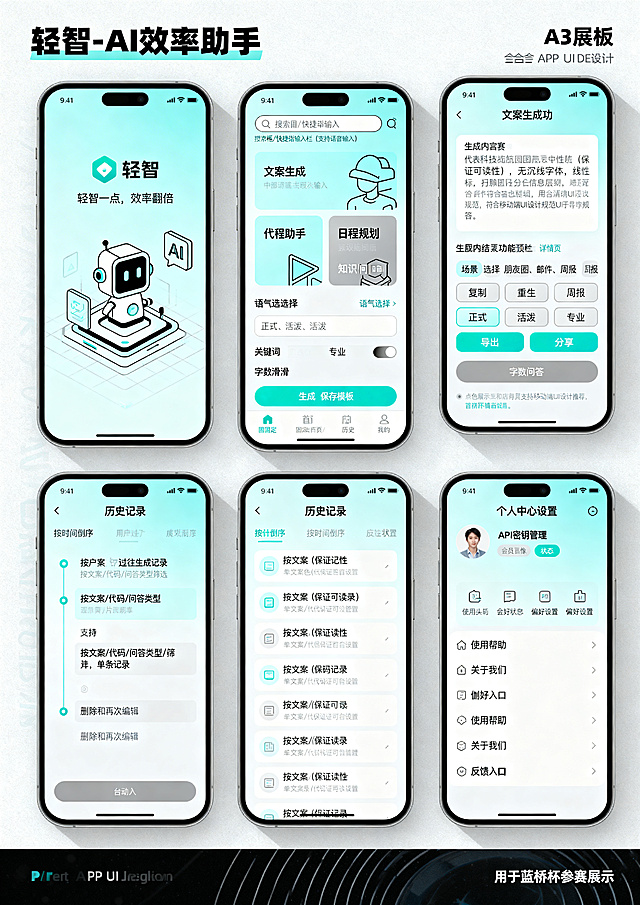 蓝桥杯视觉艺术大赛参赛作品，A3展板展示轻智-AI效率助手全套APP UI设计，包含6个完整UI页面：
1. 启动页：展示"轻智"产品Logo + 产品Slogan"轻智一点，效率翻倍"，搭配简洁线条感科技风AI元素插画
2. 首页：顶部带搜索框/快捷指令输入栏支持语音输入，中部排列文案生成、代码助手、日程规划、知识问答功能模块卡片，底部固定首页/历史/我的导航栏
3. 文案生成功能详情页：包含场景选择（朋友圈、邮件、周报）、关键词输入框，提供语气选择（正式、活泼、专业）和字数滑块，包含生成、保存模板按钮
4. 生成结果页：上方展示生成内容预览区域，下方排列复制、重新生成、导出、分享按钮，底部展示相关历史生成记录推荐
5. 历史记录页：按时间倒序展示用户过往生成记录，支持按文案/代码/问答类型筛选，单条记录支持删除和再次编辑
6. 个人中心设置页：展示用户头像昵称会员状态，包含API密钥管理、偏好设置功能入口，还有使用帮助、关于我们、反馈入口
整体设计风格：主色浅青蓝色代表科技高效，中性灰保证可读性，无衬线字体，线性图标，卡片阴影区分信息层级，界面清爽现代，符合移动端UI设计规范，用于蓝桥杯参赛展示