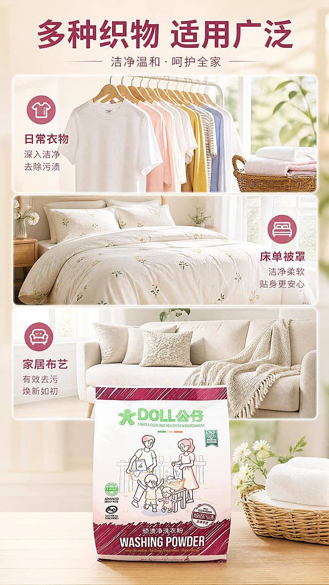 [第5屏] 多场景展示，三格竖向排列，分别展示日常衣物、床单被罩、家居布艺三个使用场景。产品【图1】放底部居中，占20%画面，保留原包装。主标题“多种织物 适用广泛”顶部居中。9:16竖版，4K，温馨生活风，场景真实。负向提示：包装变形，场景杂乱。