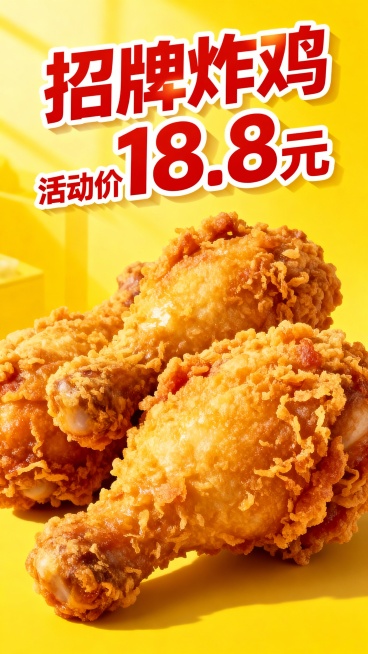 宣传海报（黄色主题，产品炸鸡汉堡元素）
分6张，1920*1080像素尺寸竖版。
第一张：开业大酬宾（标题红色字加白色描边投影，潮流字体）  活动时间：1月17日至27日；
第二张：1000瓶可乐免费预览效果