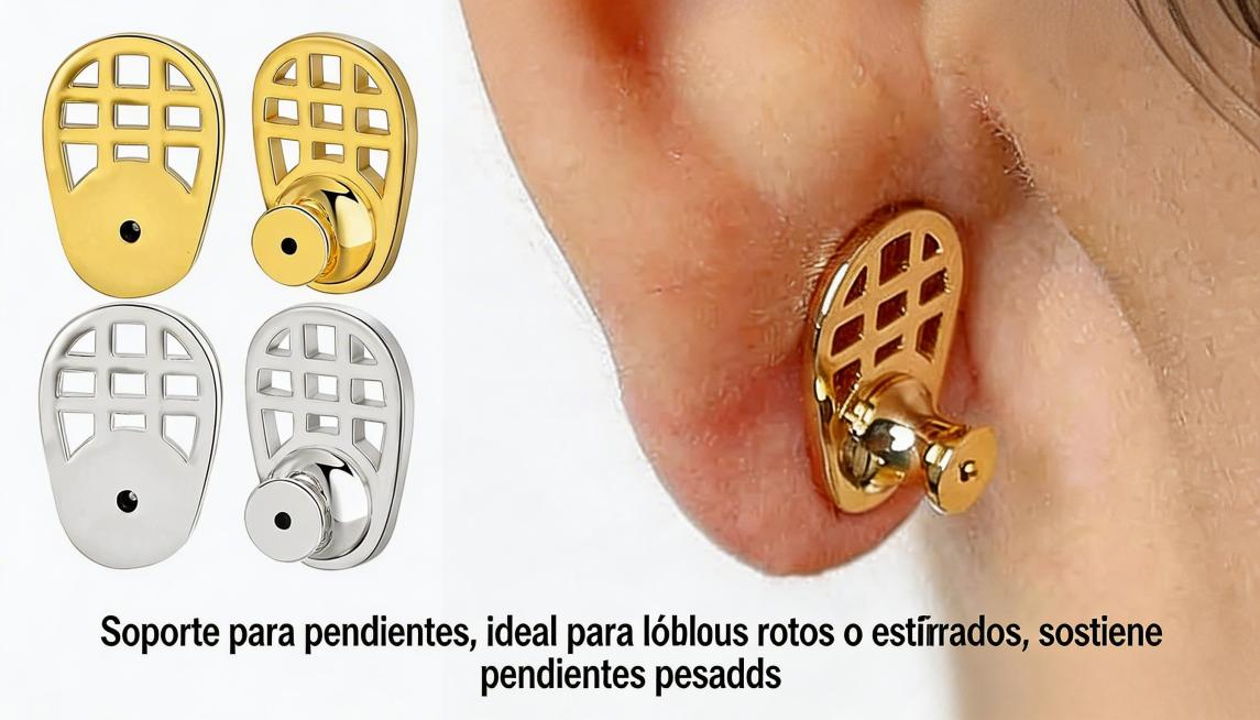 欧美女性佩戴图中耳钉背托，背景简洁，画面配西语文字"Soporte para pendientes, ideal para lóbulos rotos o estirados, sostiene pe预览效果