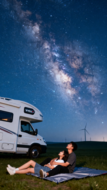 白色C型IVECO房车停在内蒙古草原深处，夜晚星空璀璨。年轻情侣躺在房车旁的天幕下，男生轻轻搂着女生，两人一起仰头看银河。远处是草原和风车，城市里看不到的星空下，浪漫的二人世界，温馨浪漫的房车露营场景预览效果