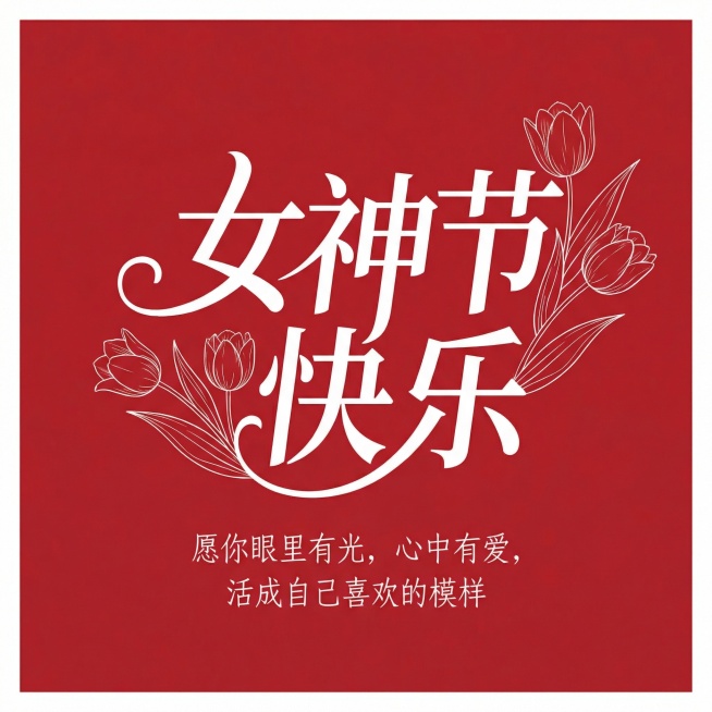 做一张1*1的方形图， 底色是红色，文字图案是白色， 放一个细线条的玫瑰花，或者郁金香的简笔画，主体文案 是女神节快乐， 小字文案是 愿你眼里有关，心中有爱，活成自己喜欢的模样。注意好布局预览效果
