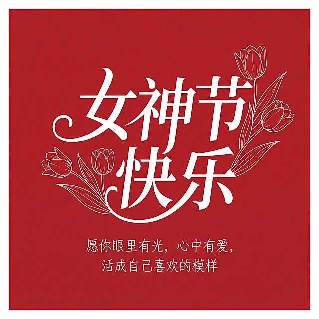 做一张1*1的方形图， 底色是红色，文字图案是白色， 放一个细线条的玫瑰花，或者郁金香的简笔画，主体文案 是女神节快乐， 小字文案是 愿你眼里有关，心中有爱，活成自己喜欢的模样。注意好布局