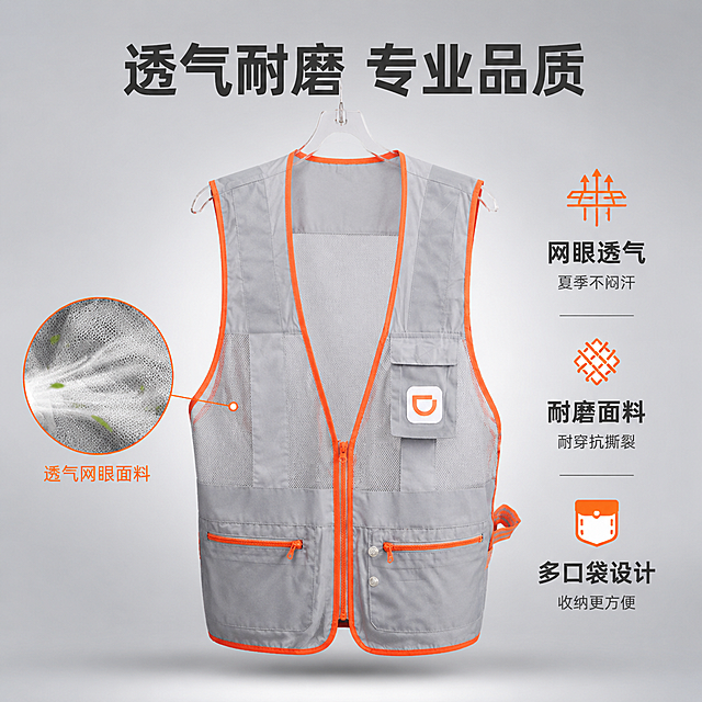 [主图-2] 滴滴代驾马甲功能参数展示图，网眼透气+耐磨材质主打。
[氛围风格] 专业工装机能风，棚拍+局部科技感展示，高级质感商业摄影。
[画质] 商业摄影质感、光线均匀柔和、产品细节清晰、画面干净专业。
[元素] 画面主体为滴滴代驾马甲正面平铺悬挂展示，灰色主体+橙色包边+胸前滴滴Logo口袋+拉链门襟+下摆多口袋+网眼透气侧区，所有结构与输入产品图完全一致。马甲左侧有一个圆形放大特写框，框内展示马甲侧部网眼面料的微距细节，可见细密网孔结构，有气流穿过的动态光效示意。马甲右侧竖向排列三个参数信息模块，每个模块由橙色图标+标题+说明组成。背景为浅灰色渐变棚拍背景，底部有柔和投影，马甲悬挂在隐形衣架上，自然垂坠有立体感。**保持马甲外观（即物理结构、材质质感、颜色、Logo样式、口袋布局、拉链细节）与输入产品图绝对一致，杜绝任何变形和色差，精细化处理；光影随棚拍环境调整自然，禁止硬切边缘**。商品主体占画面约60%。
[光影] 棚拍柔光箱主光从左上45度打下，右侧柔光板补光，马甲正面光照均匀，网眼区域有通透背光，橙色包边有清晰高光，下摆口袋有自然阴影增加立体感，整体光比柔和，专业产品摄影质感。
[配色] 主色高级灰（背景+马甲主体）；辅色滴滴橙（图标、强调线、包边）；点缀色白色（文字、高光）。
[视角构图] 正面平视视角，马甲居中略偏左，右侧留信息区；景深较浅突出马甲主体，放大框用细引线连接到马甲侧腰网眼位置，整体构图平衡。
[文字版式] 顶部居中大标题："透气耐磨 专业品质"，深灰色粗体无衬线大字。右侧三个竖向参数模块，从上到下：模块一配透气网图标+"网眼透气"+"夏季不闷汗"；模块二配布料纹理图标+"耐磨面料"+"耐穿抗撕裂"；模块三配口袋图标+"多口袋设计"+"收纳更方便"。图标为滴滴橙色，标题深灰粗体，说明浅灰小号字。左侧放大框下方标注"透气网眼面料"橙色小字。所有文字清晰可读，排版规整不杂乱。
[输出要求] 1:1比例，文字清晰锐利，超高清商业摄影质感。
[负向提示词] 变形，文字错乱，产品图模糊，背景杂乱，水印，电商平台Logo，多余的手，多余的手指，畸形手。