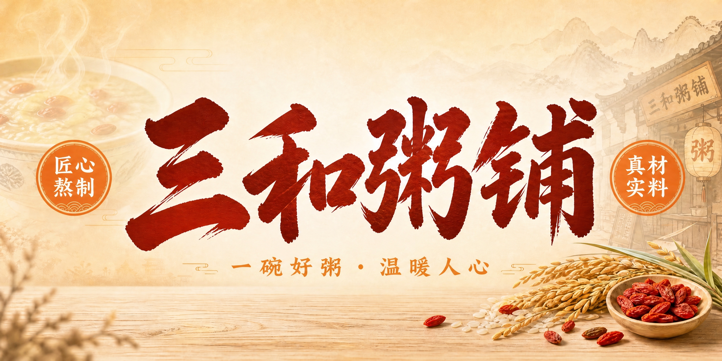 基于这张三和粥铺海报进行修改：将画面中央的"三和粥铺"四个书法… - 图片创意预览