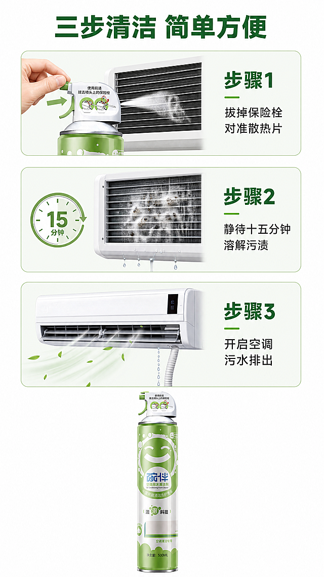 [第4屏] 使用步骤流程演示屏。本屏使用【图1】作为商品主体，保持产品外观和颜色完全一致。[氛围/风格] 步骤清晰说明风，简约直观，实操性强。[元素布局] 顶部主标题，然后从上到下分三个步骤卡片，每个步骤卡片配示意图+短说明，产品放在页面最底部居中展示，占比约20%。每个步骤卡片带浅绿圆角边框，清晰区分每个动作。[光影质感] 光照均匀，卡片层次分明，产品清晰真实，文字锐利可读。[配色色系] 全局底色：#FFFFFF，步骤卡片浅绿底色，深绿色标题，深灰色说明文字。[视角构图] 竖版从上到下步骤排布，符合移动端滑动阅读习惯，每个步骤间距合适不拥挤。[文字版式] 顶部主标题「三步清洁 简单方便」，深绿色加粗居中；步骤1：「拔掉保险栓 对准散热片」配喷头操作示意图；步骤2：「静待十五分钟 溶解污渍」配等待说明示意图；步骤3：「开启空调 污水排出」配运行示意图，三个步骤文字简洁，每个标题加粗，说明小号字，排版整齐。[比例分辨率] 9:16竖版比例，4K分辨率，文字清晰可辨。[负向提示词] 步骤混乱，产品变形，文字错乱，背景杂乱，示意图模糊