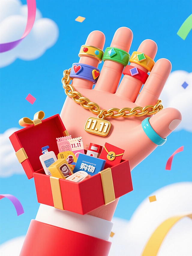 软3D风卡通手托礼盒，满载购物好物，搭配金属质感手链与多彩戒指，营造喜庆促销氛围，呼应双11节日主题。