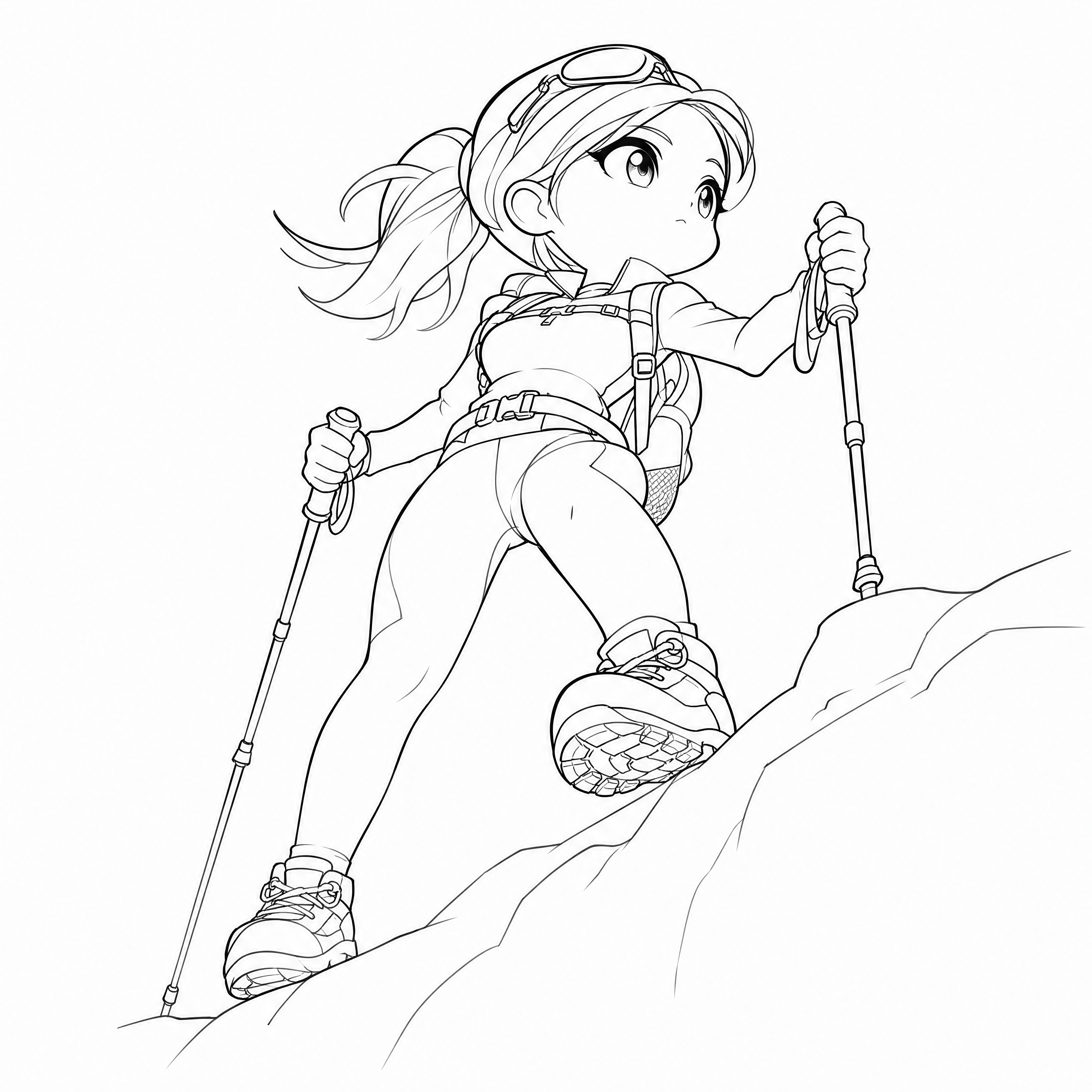 超简约手绘线稿风格Q版一头身年轻女性登山者，黑白线条画，抽象概… - 图片创意预览
