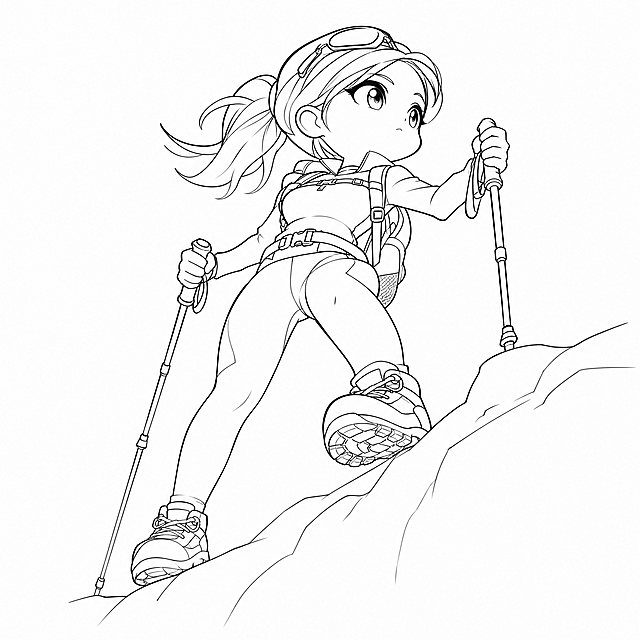 超简约手绘线稿风格Q版一头身年轻女性登山者，黑白线条画，抽象概括线条，大透视角度，夸张的人物比例，强烈视觉张力，登山穿搭，身穿速干衣和leggings，脚穿登山鞋，手持登山杖，攀登姿势，用简洁流畅的线条概括人物形态，白色背景，纯线稿无填充色，矢量风格，概括细节，手绘感，全身像