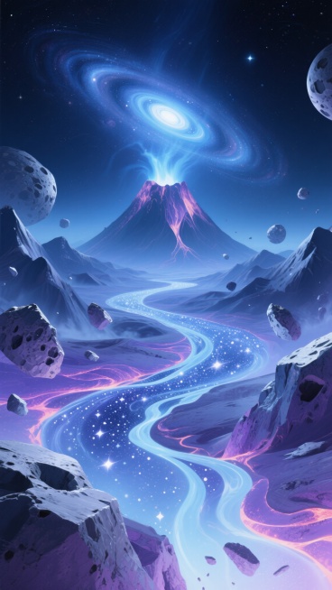 抽象艺术风格的宇宙景观，以深邃的靛蓝、神秘的紫色和璀璨的星空银为主色调，营造出宁静而浩瀚的宇宙氛围。画面中央是蜿蜒流淌的“星河”，如同原图中熔岩般的流动形态，但转化为由无数细小星辰组成的发光流体，呈现出柔和的渐变光泽。两侧的“山峦”被抽象化为漂浮的宇宙岩石和行星碎片，表面覆盖着陨石坑和冰层纹理，边缘散发着微弱的星云光晕。远处的“火山”转变为一个旋转的星系核心，中心是明亮的蓝白色能量源，向外辐射……预览效果