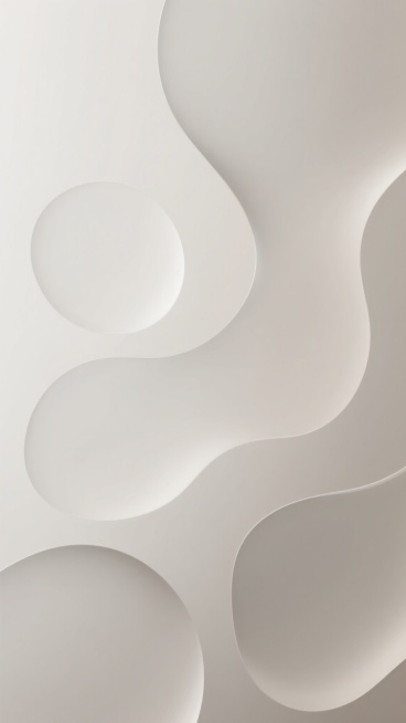 极简抽象风格背景，柔和的米白色与浅灰色渐变融合，画面中包含多个半透明的有机形态几何元素——不规则的流动曲面与圆润的椭圆形，边缘平滑模糊，呈现出轻盈通透的磨砂玻璃质感。整体光影柔和均匀，高光区域朦胧自然，低对比度营造出宁静、优雅、现代的氛围，构图简洁大气，留白充足，所有元素以微妙的层次感和空间感和谐排布，适合作为简洁高端的设计背景。预览效果