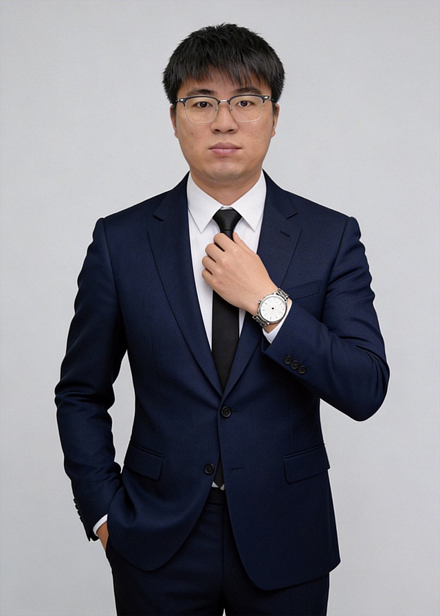 100%保留原图人物所有面部特征，五官脸型完全匹配不修改；深蓝色合身西装，白色正装衬衫，黑色简约领带，左手腕佩戴白盘金属表；姿势：自然站立，右手插西裤口袋，左手轻捏领带中部整理领带，身体正面，头部正直，目光平视镜头，温和微笑；构图：标准半身，腰部以上取景，人物绝对居中，水平平视视角，相机与视线齐平；浅灰色均匀纯色背景；照片级超写实8K专业商业摄影，清晰呈现面料纹理和皮肤自然肌理；柔和均匀影室平光，面部无硬阴影，光影过渡自然；色彩和谐专业，保留眼镜，黑发整齐利落，画面比例5:7