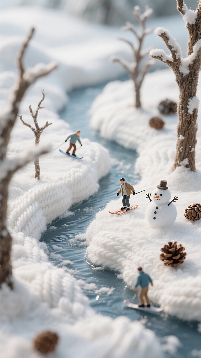 微缩艺术风雪景，毛发生长质感的雪地与轻拟物树干，3D卡通人物滑雪穿行，梦幻温馨的冬日趣味场景。