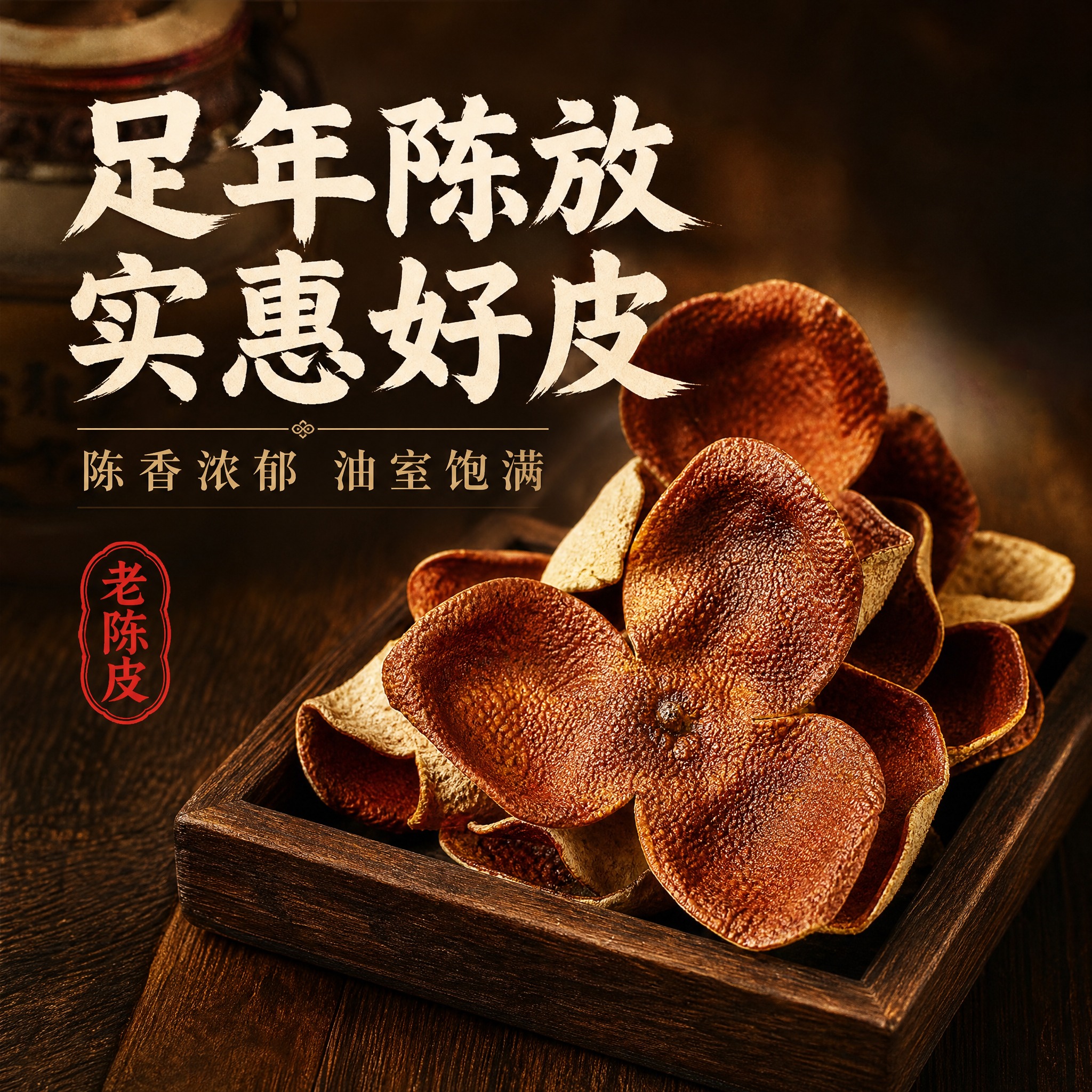 [主图-1] 主题：足年陈放老陈皮首图，核心任务是突出陈香质感… - 图片创意预览