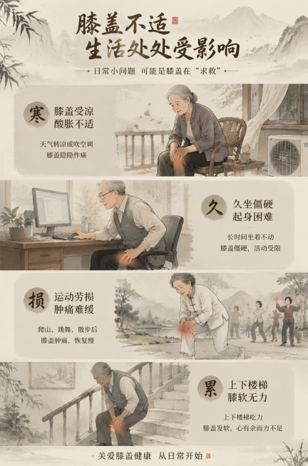 产品痛点场景图，展示膝盖受凉、久坐僵硬、运动劳损等多个生活场景，画面分镜，适配文案描述痛点，整体国风水墨风格，色调温和，面向中老年人，亲切自然预览效果