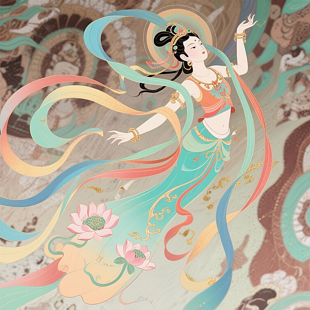 以敦煌文化为灵感源泉，运用国内 AI 技术生成敦煌飞天形象图。生成的图 片需准确提取敦煌壁画中仙女的服饰、姿态、色彩等文化元素，如轻盈飘逸的彩 带、精美的裙裾、莲花忍冬纹图案等，同时精准把握敦煌艺术的风格特点，包括 浓郁的宗教色彩、流畅细腻的线条、注重神态和动态刻画、夸张而不失自然的造型等，使图片具有独特的敦煌艺术气质，满足文旅宣传、文创产品开发等领域的 应用需求。