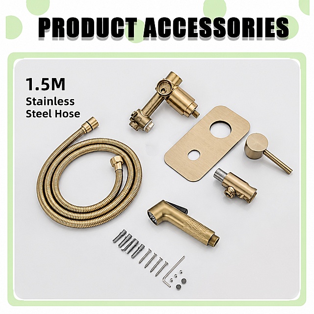 Amazon main image 5, all product accessories laid out in knolling flat lay style on light gray background. Top view arrangement: brass diverter valve body, rectangular wall cover plate, round handle knob with lever, ABS hand sprayer, 1.5m coiled stainless steel hose, mounting bracket, screws, wall plugs, and small hardware parts neatly organized. Bold black text at top "PRODUCT ACCESSORIES" with light green decorative circles around it. Large text "1.5M" on left side with "Stainless Steel Hose" underneath. Light green rounded border frame around the whole composition. All accessories in matching brushed gold finish. Keep every part shape, size, color and finish identical to reference product images. 1:1 square, clean overhead product photography, even lighting, sharp details, no Chinese text, no watermarks, no platform logos.
