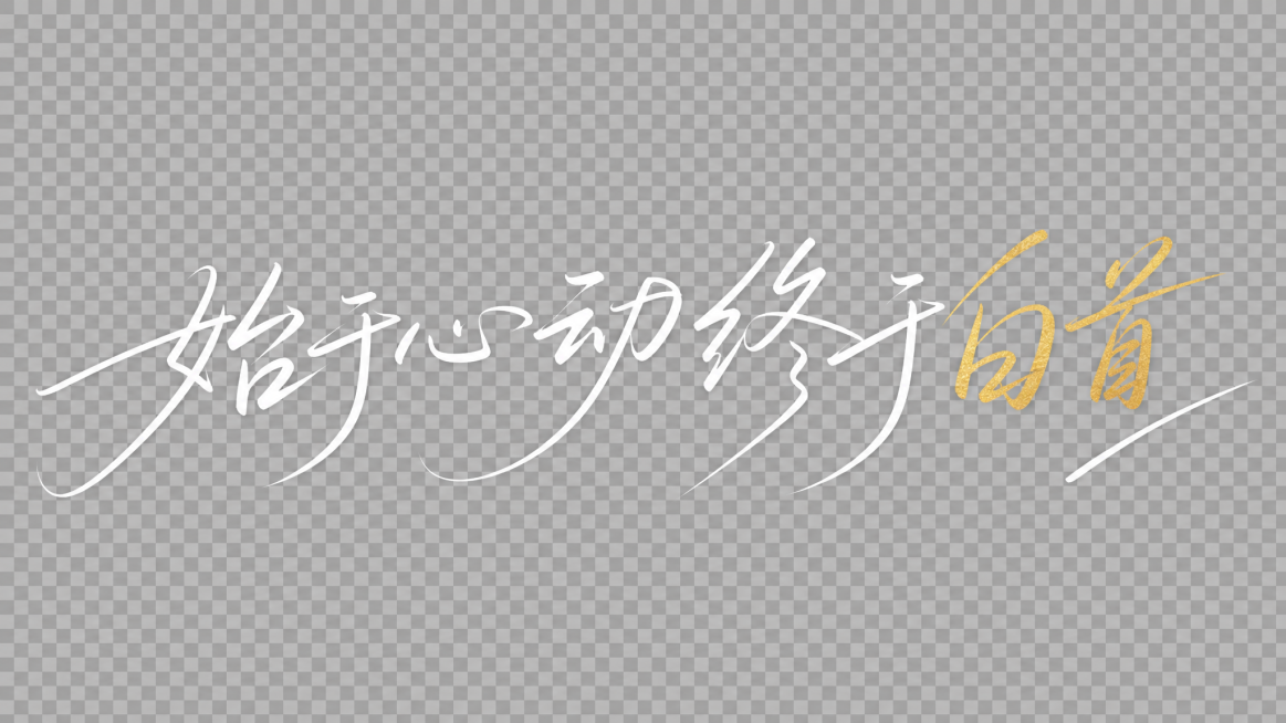 参考上传图片的手写连笔书法风格，生成文字"始于心动终于白首"。其中"始于心动"和"终于"为白色，"白首"使用金色，背景透明，保存为PNG格式。字体风格为纤细手写连笔，笔画带有大弧度曲线，笔画之间互相穿预览效果