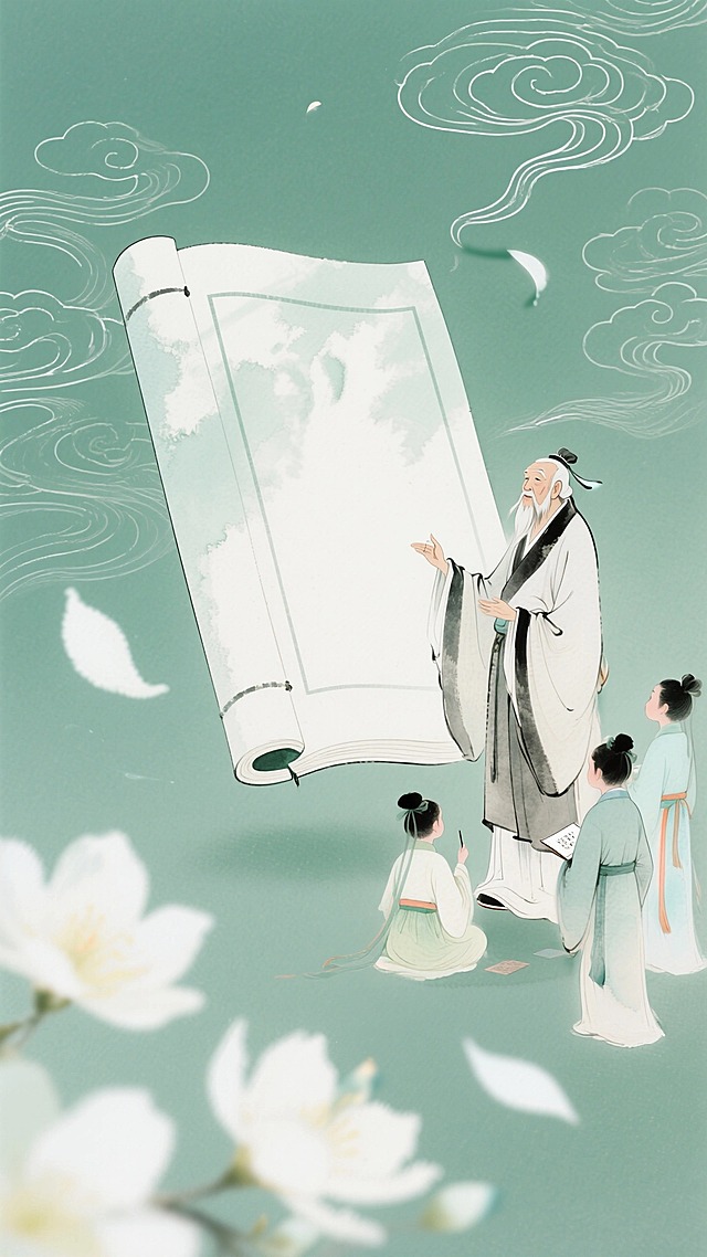 混合细腻彩铅质感的低饱和绿色背景图：前景飘过动态虚化的白色花瓣，悬浮特写一本巨型空白古籍，老夫子在前面给学子讲课；底纹是白色细线条的祥云纹样。