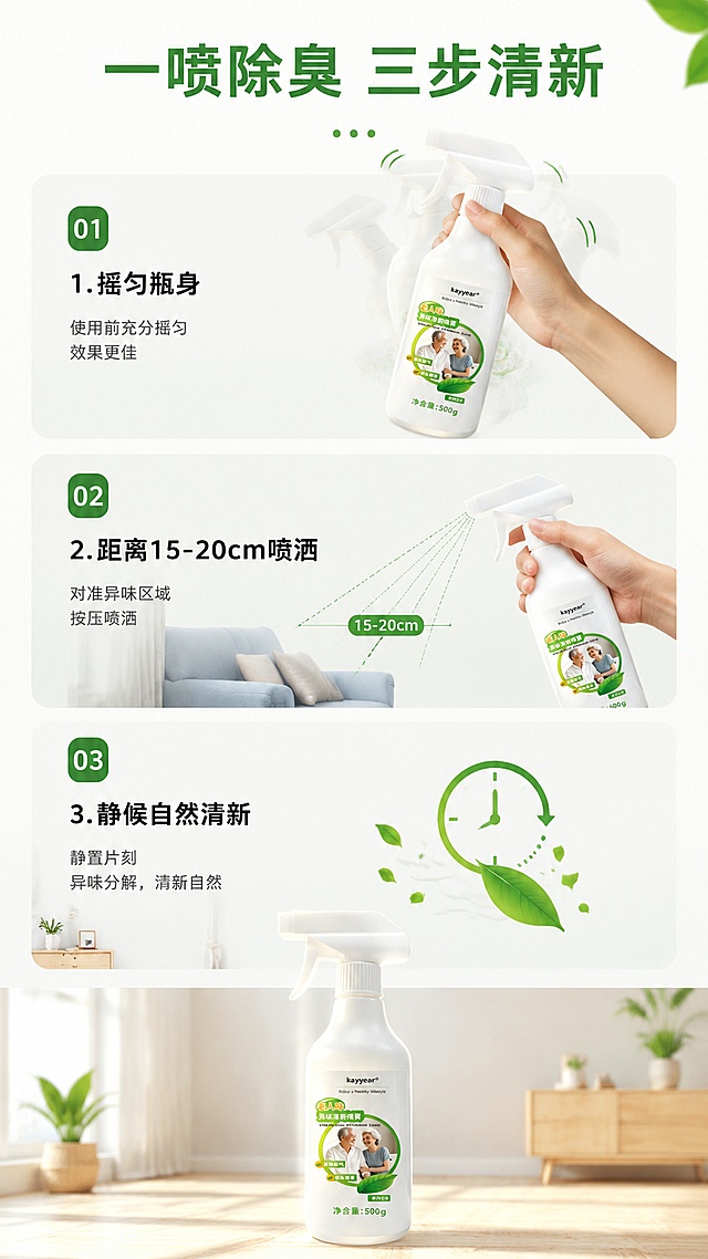 [第5屏] 使用步骤演示，便捷操作流程展示。本屏使用【图1】产品图。
[氛围/风格] 简洁步骤说明风，清晰直观，干净利落。
[元素布局] 三步流程，从上到下排列：第一步摇匀瓶身，第二步距离异味区域按压喷洒，第三步静置自然清新；每一步配示意图+产品局部展示，完整产品图放在底部，占比约25%。
[光影质感] 每一步均匀打光，示意图清晰，产品光影自然。
[配色色系] 全局底色 #F8FAF7；主色浅绿步骤标识；辅助色浅灰色块。
[视角构图] 从上到下步骤流程，垂直排版，清晰易读。
[文字版式] 顶部主标题「一喷除臭 三步清新」，每个步骤标注编号+短句说明：「1. 摇匀瓶身」「2. 距离15-20cm喷洒」「3. 静候自然清新」，文字清晰，编号醒目。
[比例分辨率] 9:16 竖版比例，4K分辨率，高清画质。
[负向提示词] 步骤混乱，文字模糊，产品变形，遮挡产品主体。